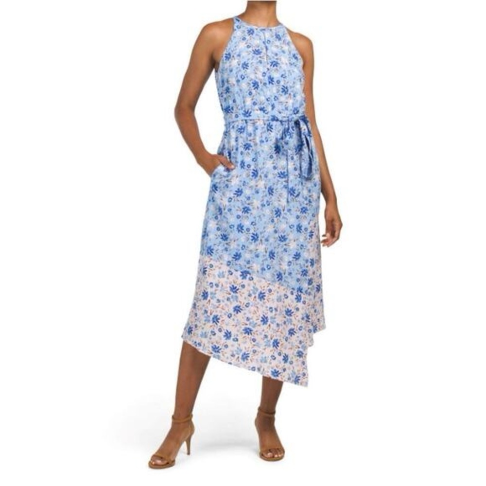 Women's Mixed Floral Print Halter Neck Asymmetric Midi Dress Size 8